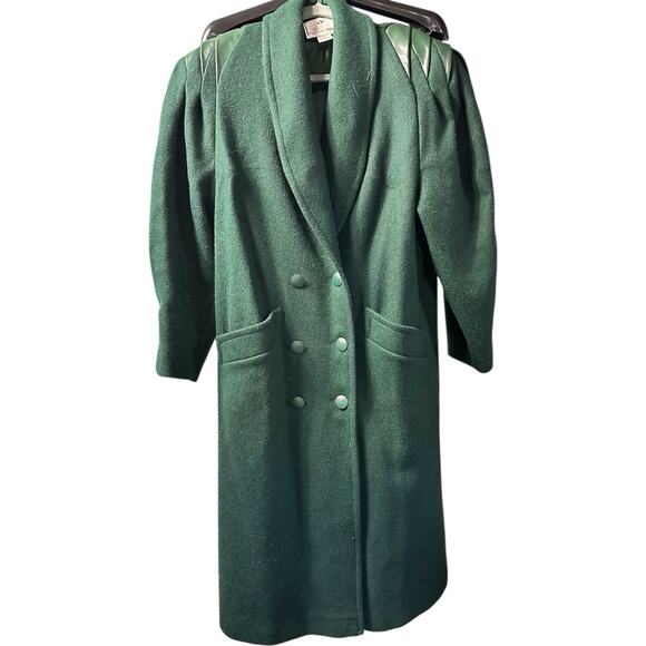 Vintage Emerald Green Double Breasted Worthington Wool Blend Leather Coat Sz 8 - Picture 2 of 14